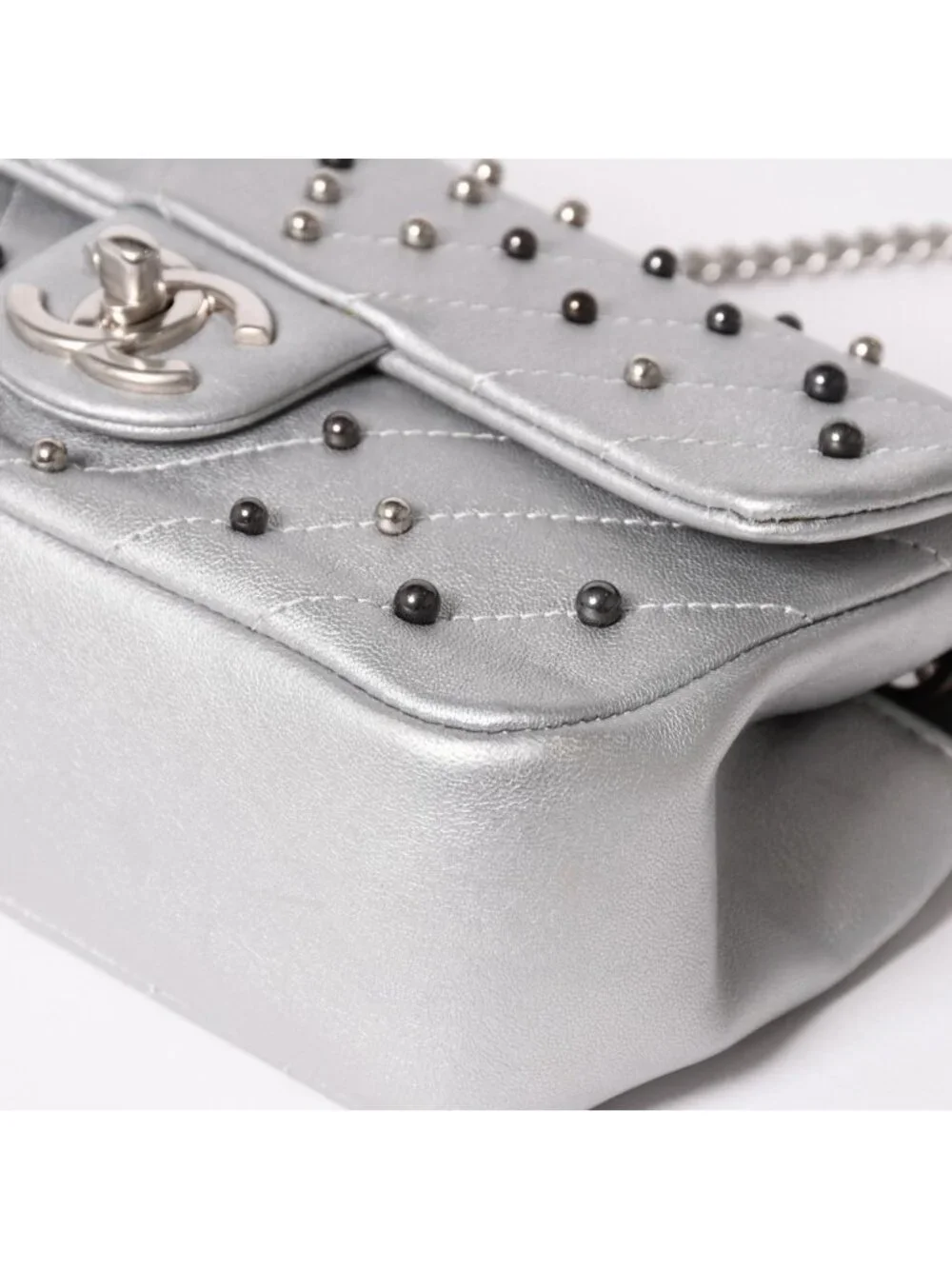 Chanel Chevron Stud Wars Chain Shoulder Bag CC Logo Calfskin Silver
